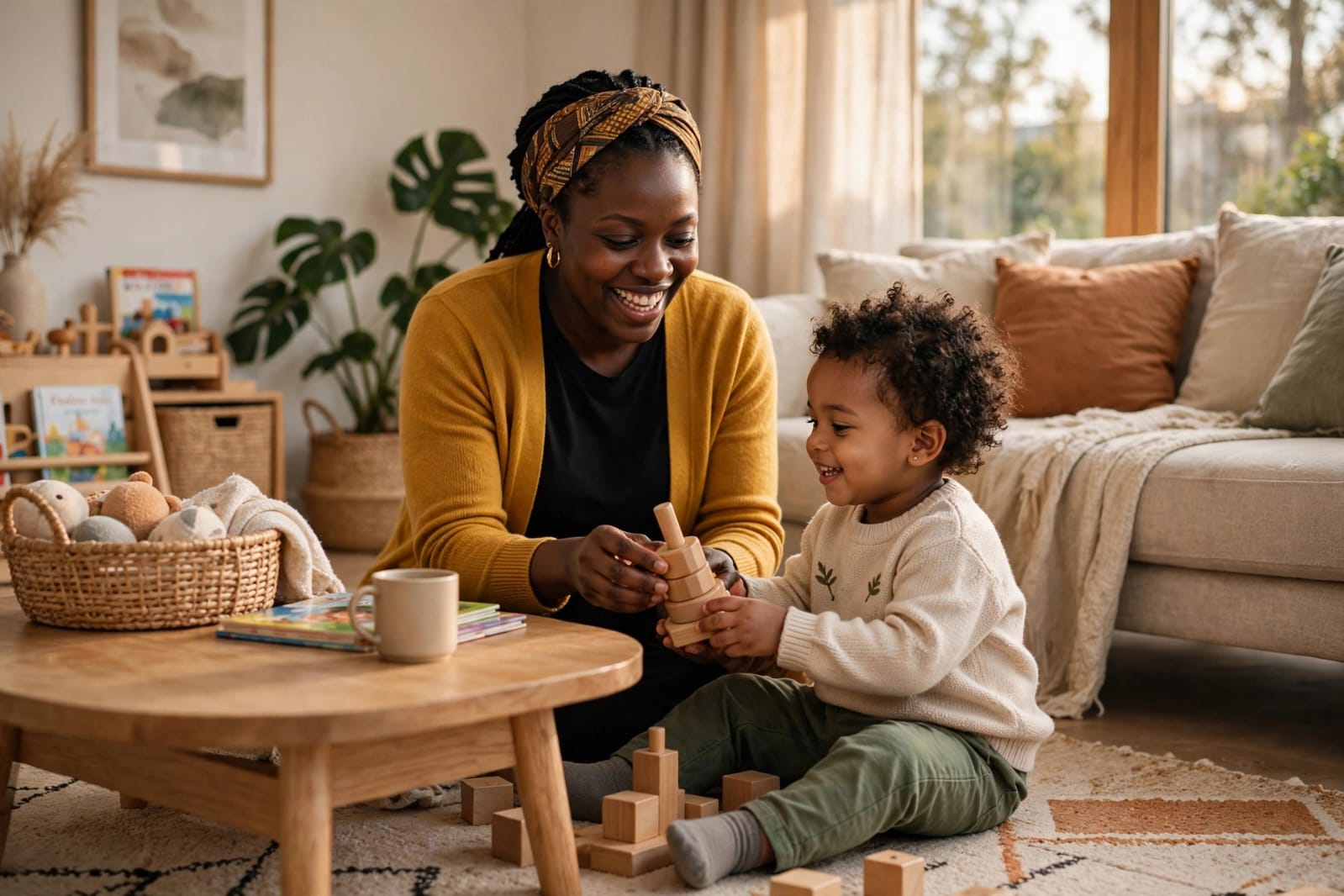 African nanny caring for toddler playing with wooden blocks in bright cozy living room - Kasel Care Agency trusted nannies in and out of kenya