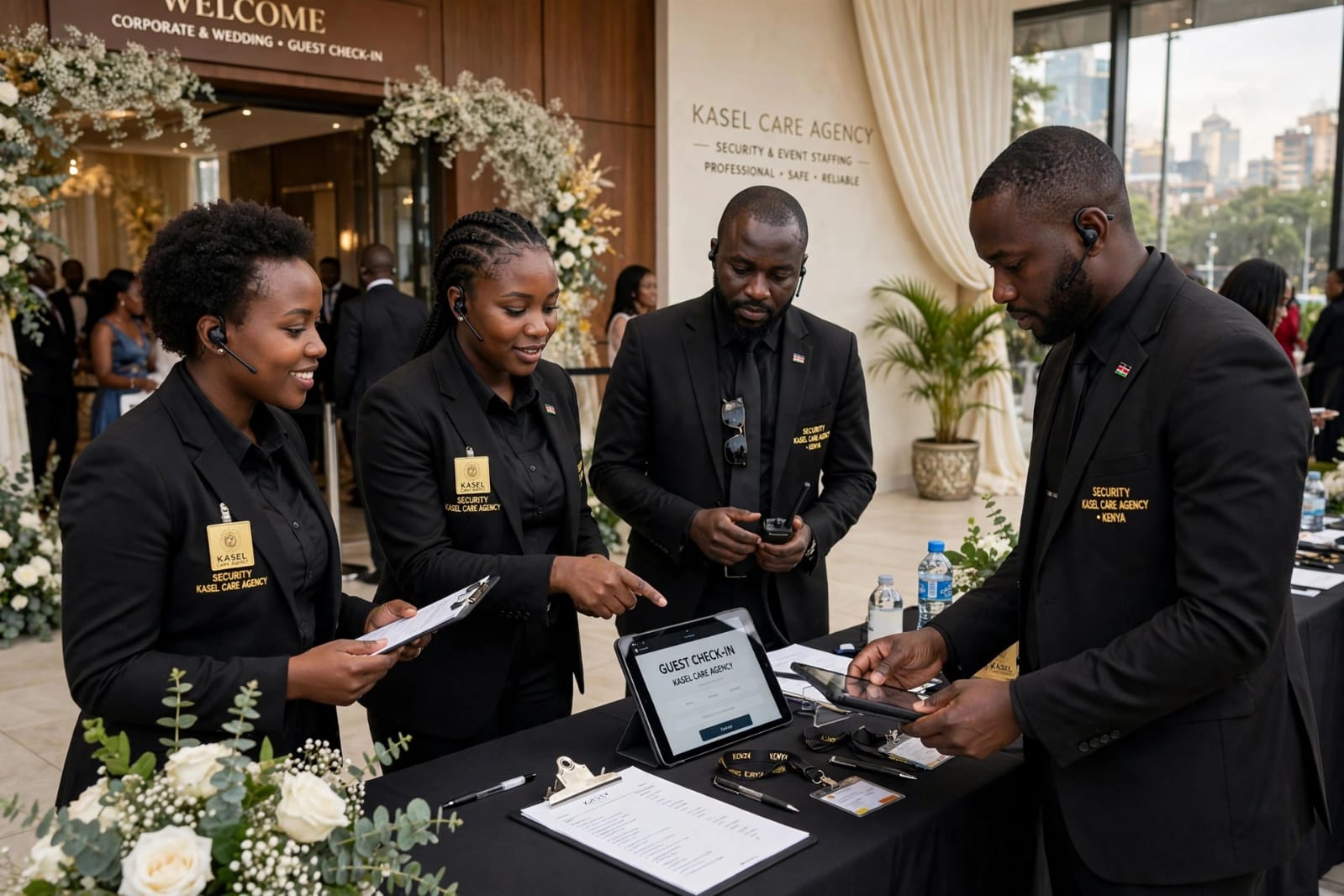 Professional event security staffing team providing guest check-in services for corporate and wedding events in Nairobi, Kenya